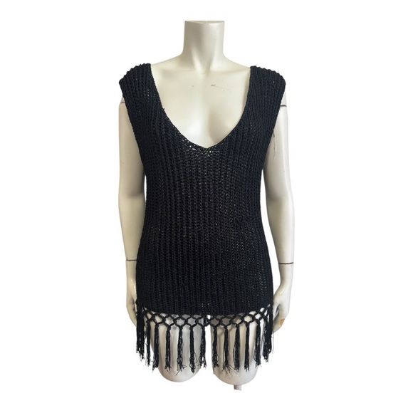 Anne Klein Vintage Black Knit Sleeveless Deep V Fringe Top Women’s Size S/M - Picture 1 of 8